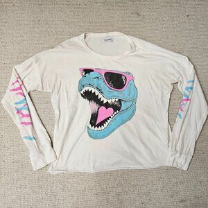 Lauren Moshi T-Rex T-Shirt White Small S Long Sleeve Relaxed Fit Cotton
